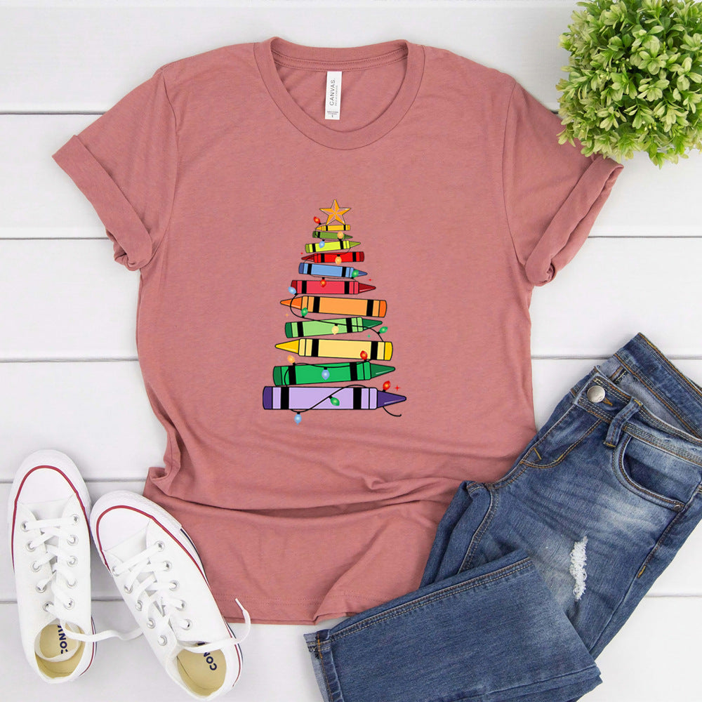 Crayon Christmas Tree Print Design Women's T-shirt