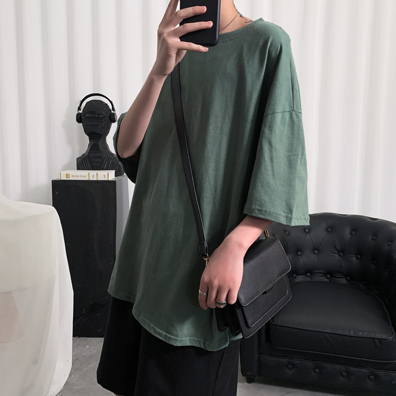 Hong Kong Style Solid Color Short-sleeved T-shirt Men's Simple Round Neck