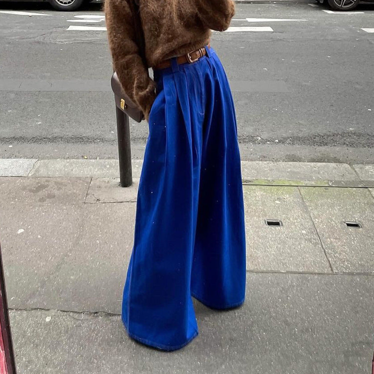 Double-pocket Blue Wide-leg Pants