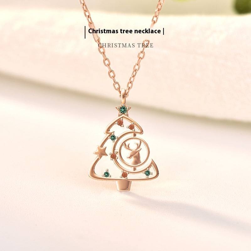 S925 Elk Christmas Tree Necklace Fashion Ins Style Zircon Clavicle Chain Women's Jewelry