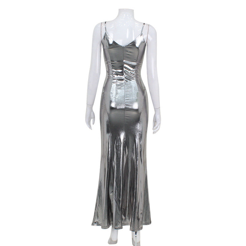 Sexy Sling Metal Shiny Silver Color Fishtail Dress