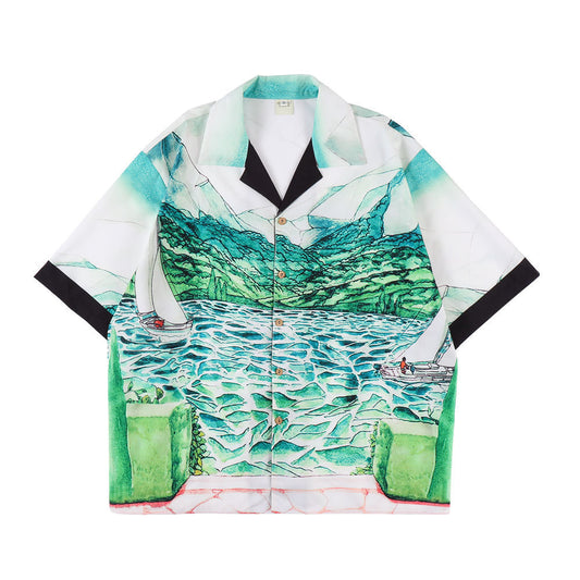 Men's Loose Landscape Print Shirt With Short Sleeves