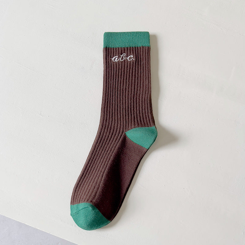 Female Coffee Color Series Japanese-style Retro Double Needle Cotton Mid-calf Length Socks