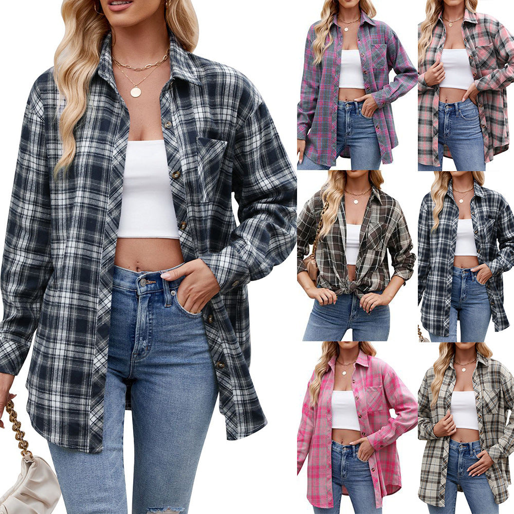 Women's Casual Fashion Hot Girl Loose Plaid Shirt