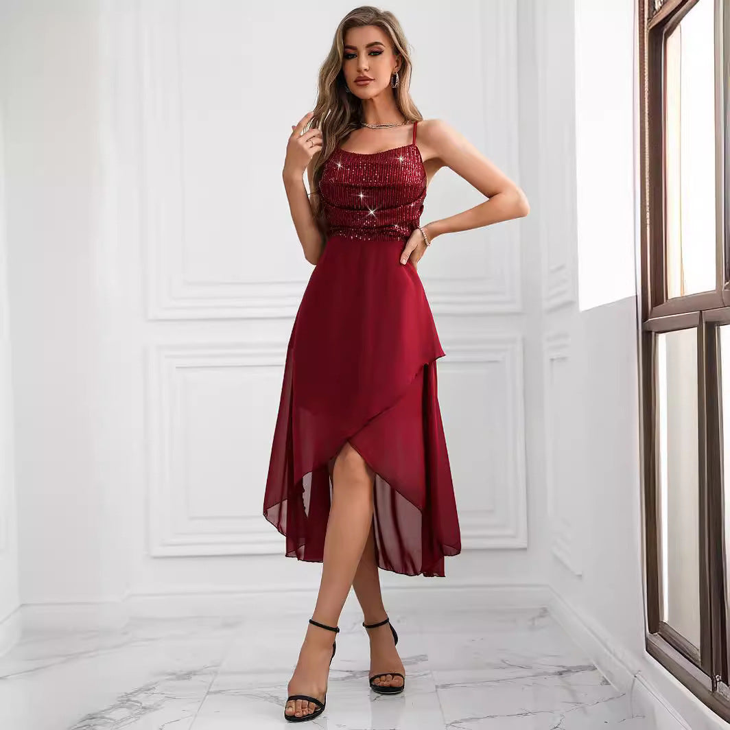 Sexy Retro Sequin Stitching Chiffon Dress