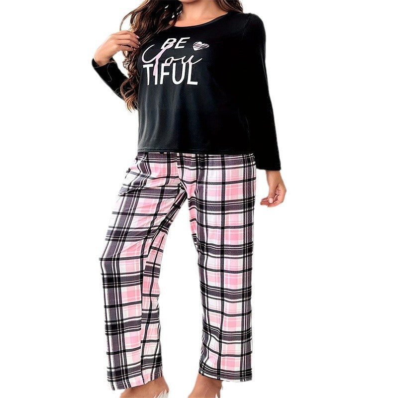 Homewear Pajamas Women's Suit Letter Black Long Sleeve Trousers Suit