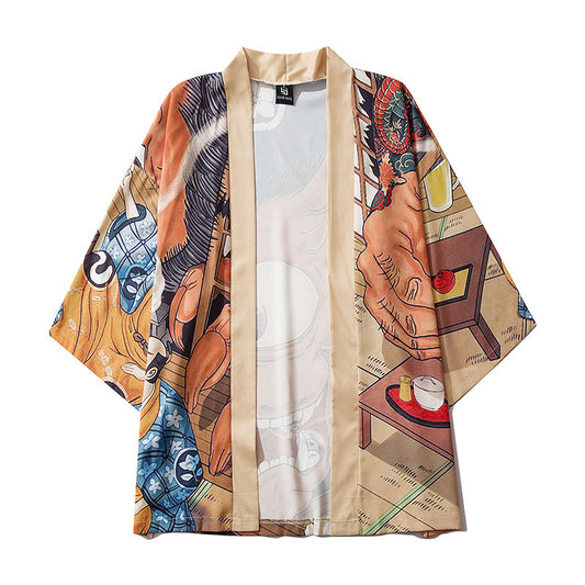 Mens Casual One-eyed Big Cow Print Japanese Sleeve Shirt