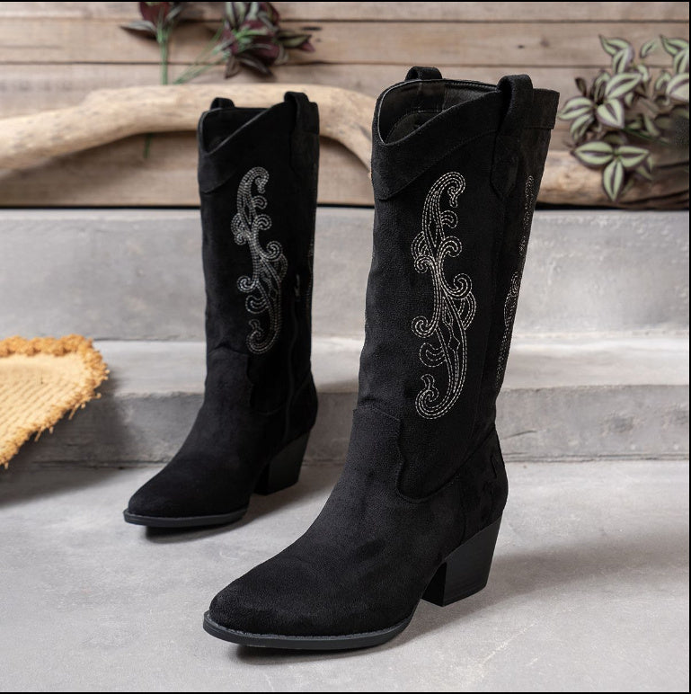 Ladies' Slope And Embroidered Side Zipper Versatile Boots