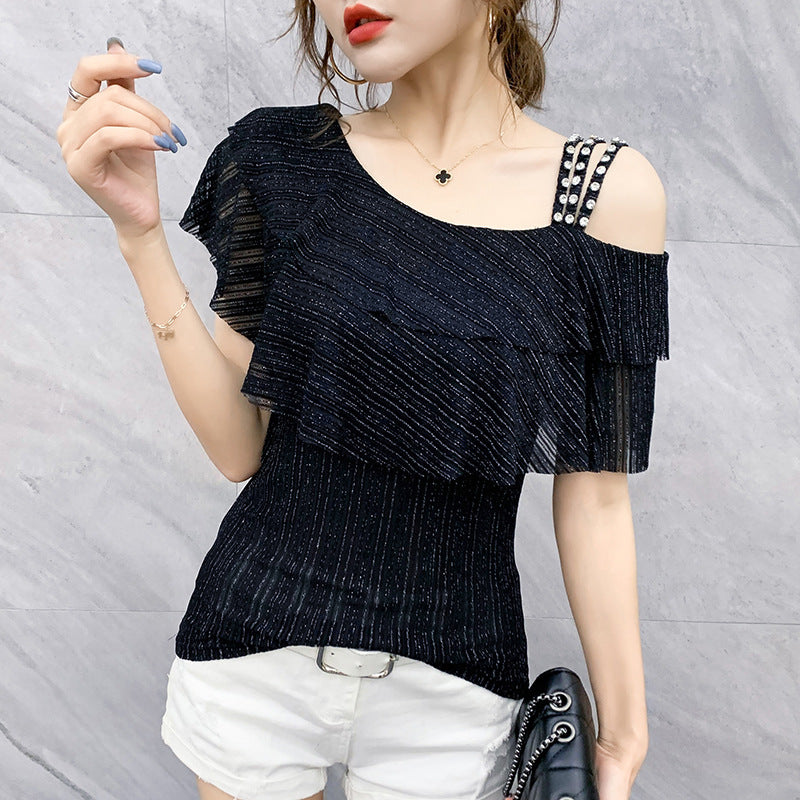 Ruffled Shoulder Leakage Ice Silk Top