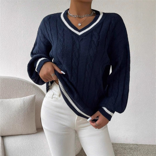 Autumn And Winter Elegant Contrast Color Twisted Loose V-neck Fashion All-matching Women's Sweater