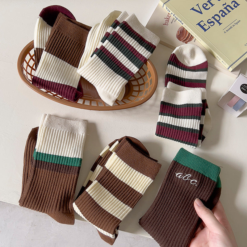 Female Coffee Color Series Japanese-style Retro Double Needle Cotton Mid-calf Length Socks