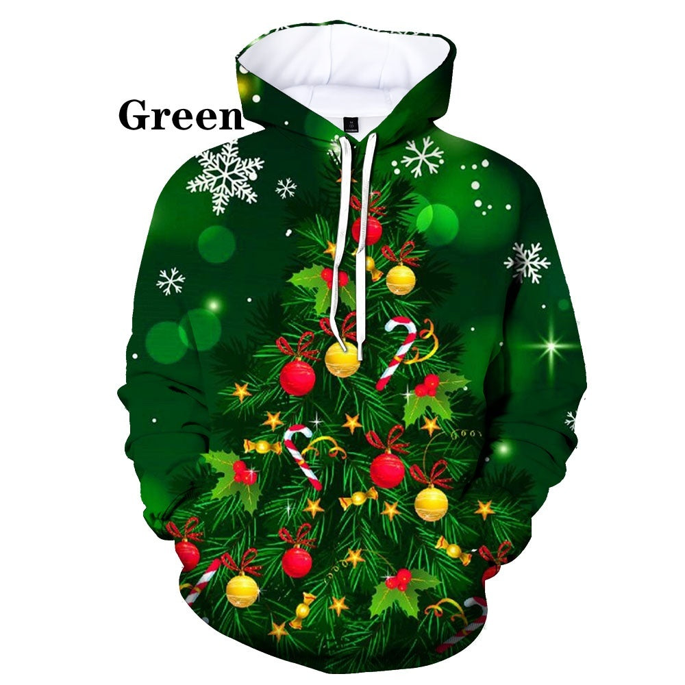 Christmas 3D Digital Print Casual Loose Fit Hooded Pullover Sweatshirt