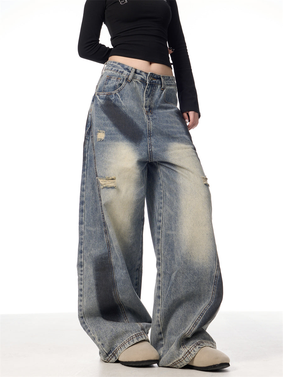 Splash Ink Ripped Machete Jeans For Women Loose-fitting Wide-leg Trousers