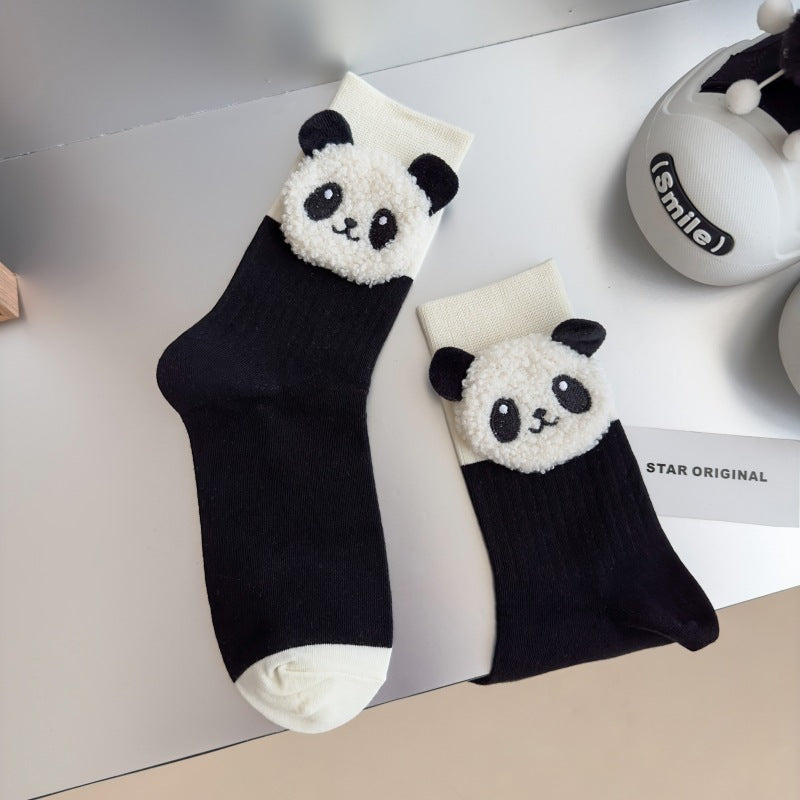 Black And White Three-dimensional Panda Pure Cotton Mid-calf Length Socks