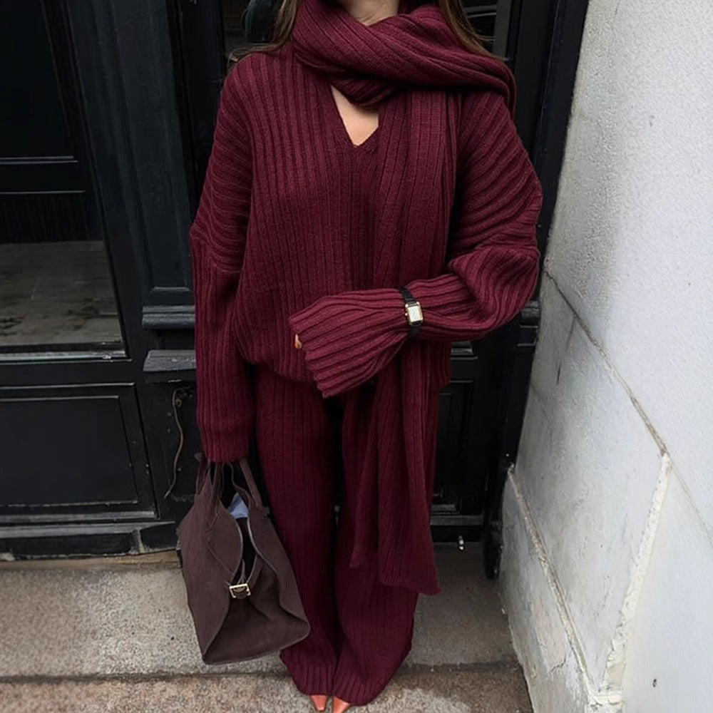 Solid Color Sweater Scarf Collar Suit New Casual Style Round Neck