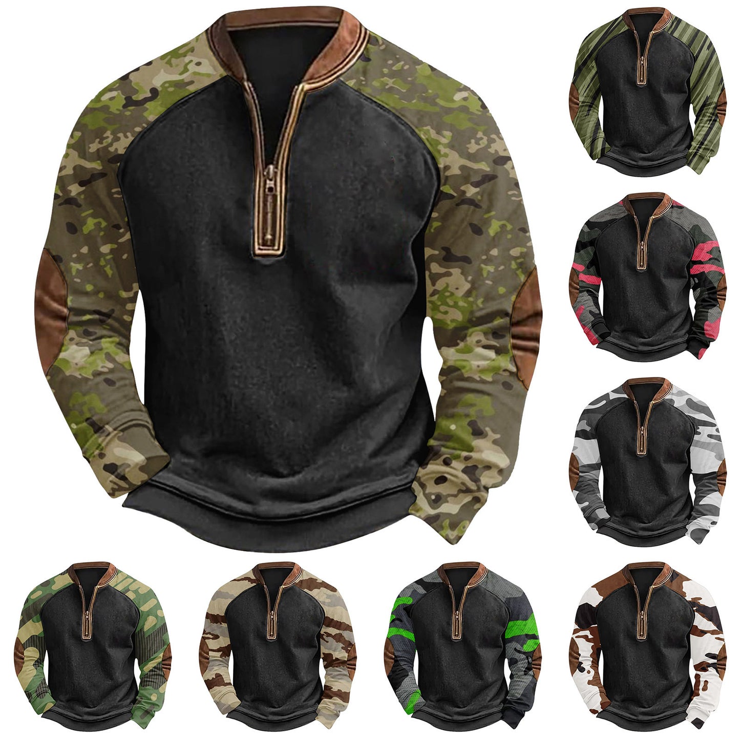 Printed Half Zipper Camouflage Men's Sweater