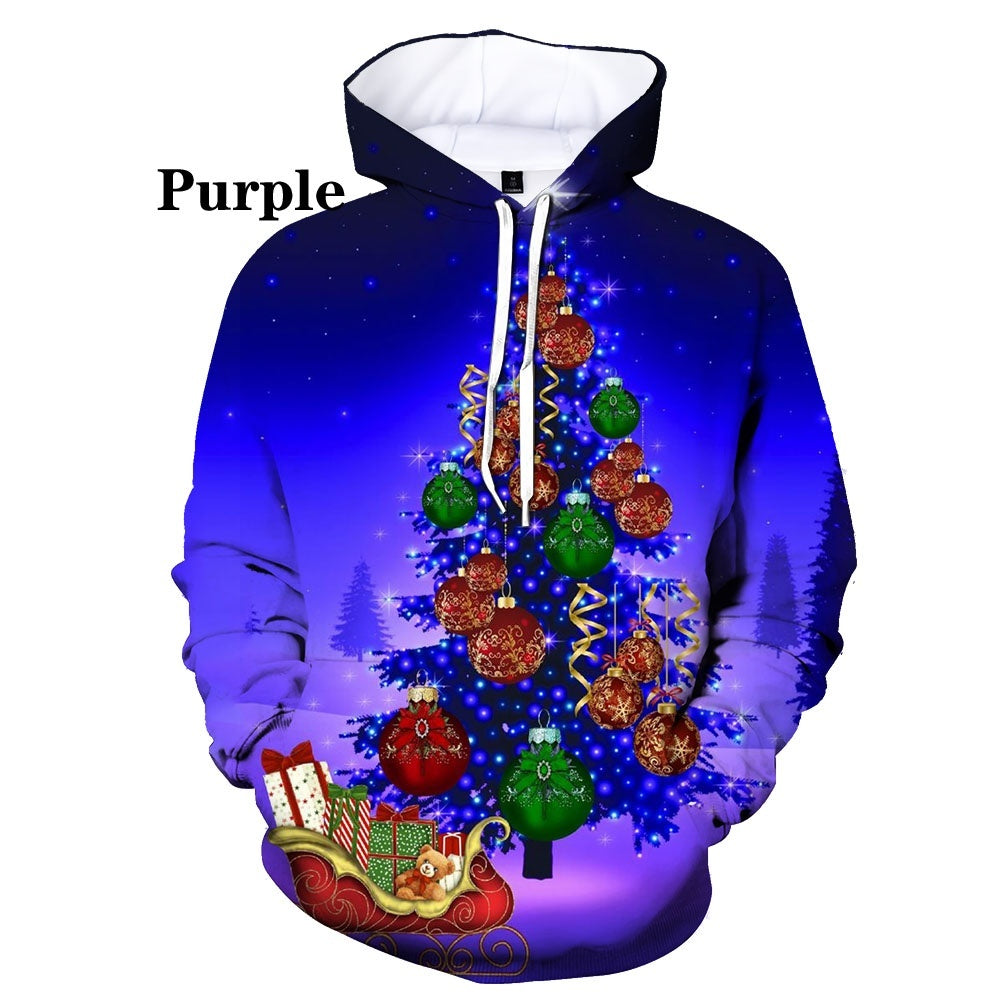 Christmas 3D Digital Print Casual Loose Fit Hooded Pullover Sweatshirt