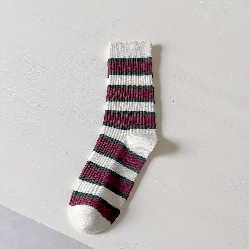 Female Coffee Color Series Japanese-style Retro Double Needle Cotton Mid-calf Length Socks