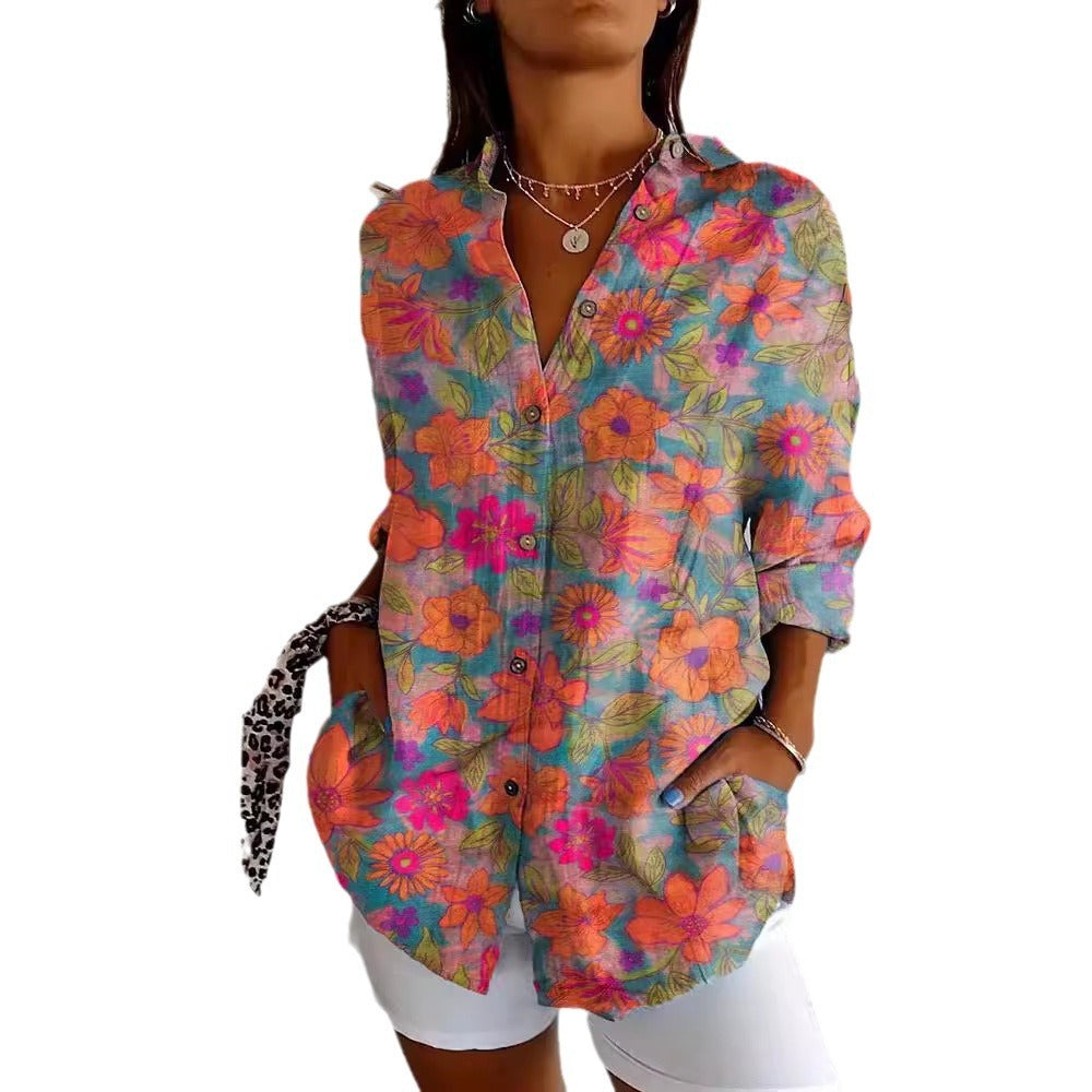 New Women's Summer Long-sleeve Printed 3D Floral Top