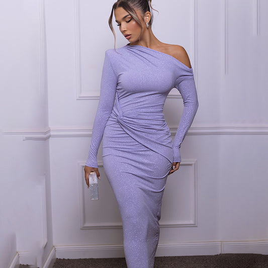 Oblique Shoulder Long Sleeve Fashion Pleated Dress