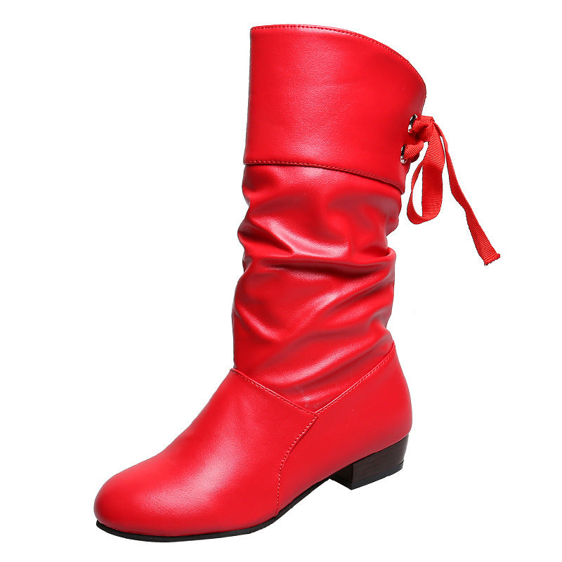 Student Knight Low Heel Round Head Slingback Mid-calf Boots