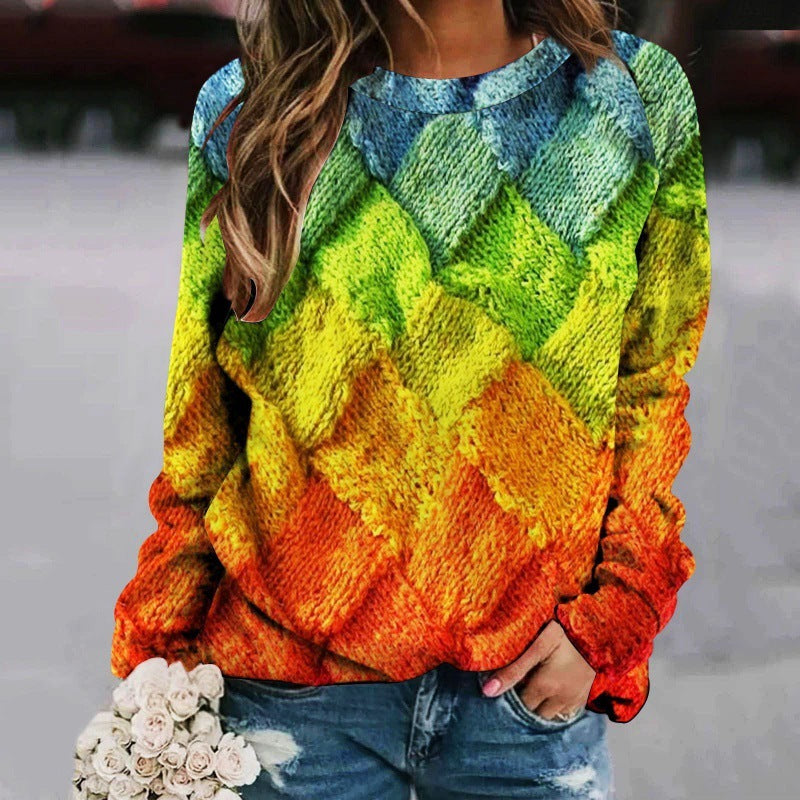 Creative Sweater Printed Patchwork Round Neck Raglan Long Sleeve