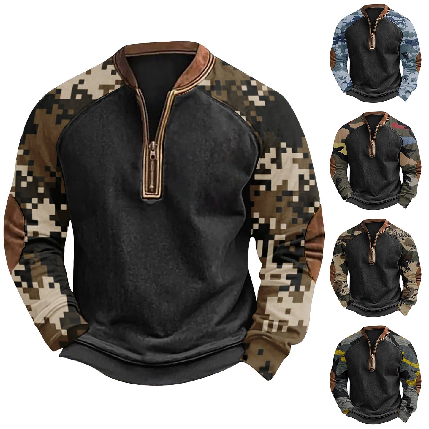 Printed Half Zipper Camouflage Men's Sweater