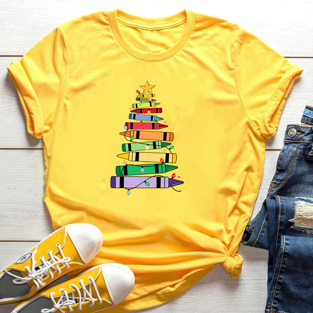 Crayon Christmas Tree Print Design Women's T-shirt