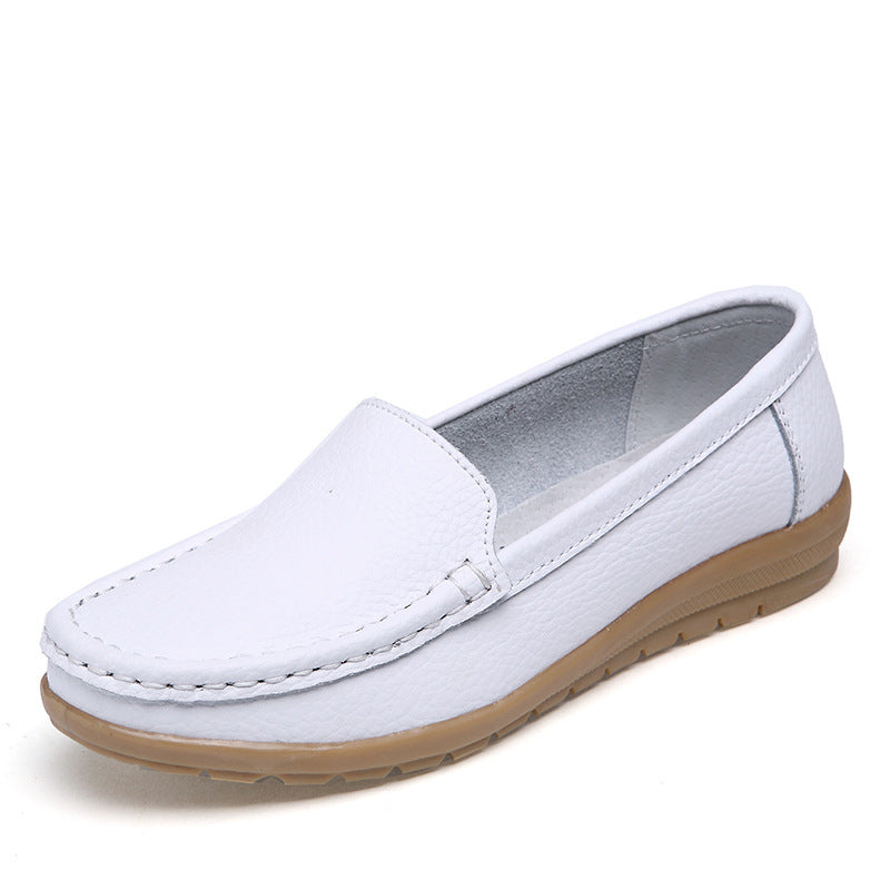 Genuine Leather Peas Shoes Women Flat Mother Shoes Nurse Shoes White Non-slip