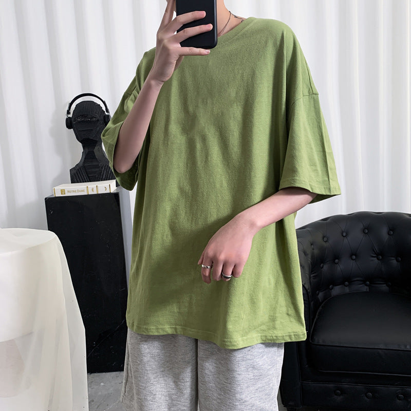 Hong Kong Style Solid Color Short-sleeved T-shirt Men's Simple Round Neck