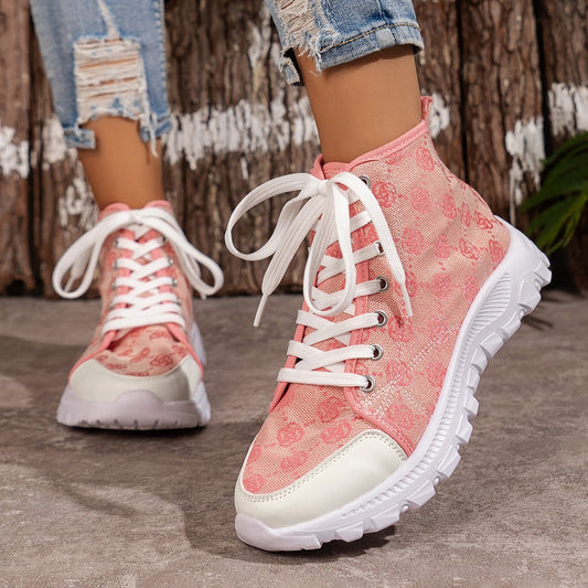 Rose-printed Lace-up Boots Fashion Breathable Canvas Shoes Sports Casual Non-slip Thick-soled Short Boot For Women